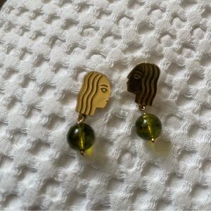 Wolf Circus Face + Green Stone Earrings